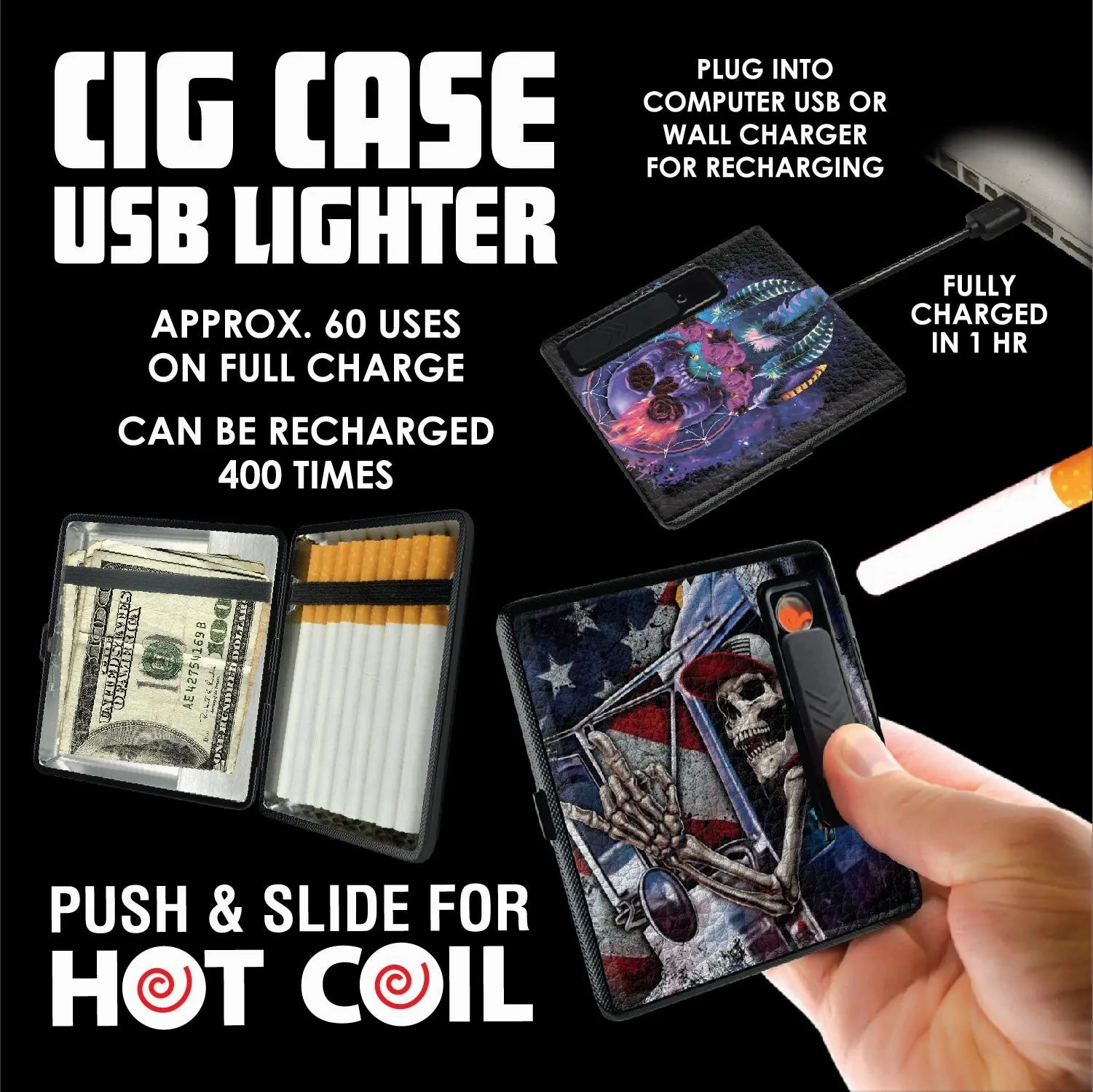Cigarette Case with USB Coil Lighter - 8 Pieces Per Retail Ready Display 23521
