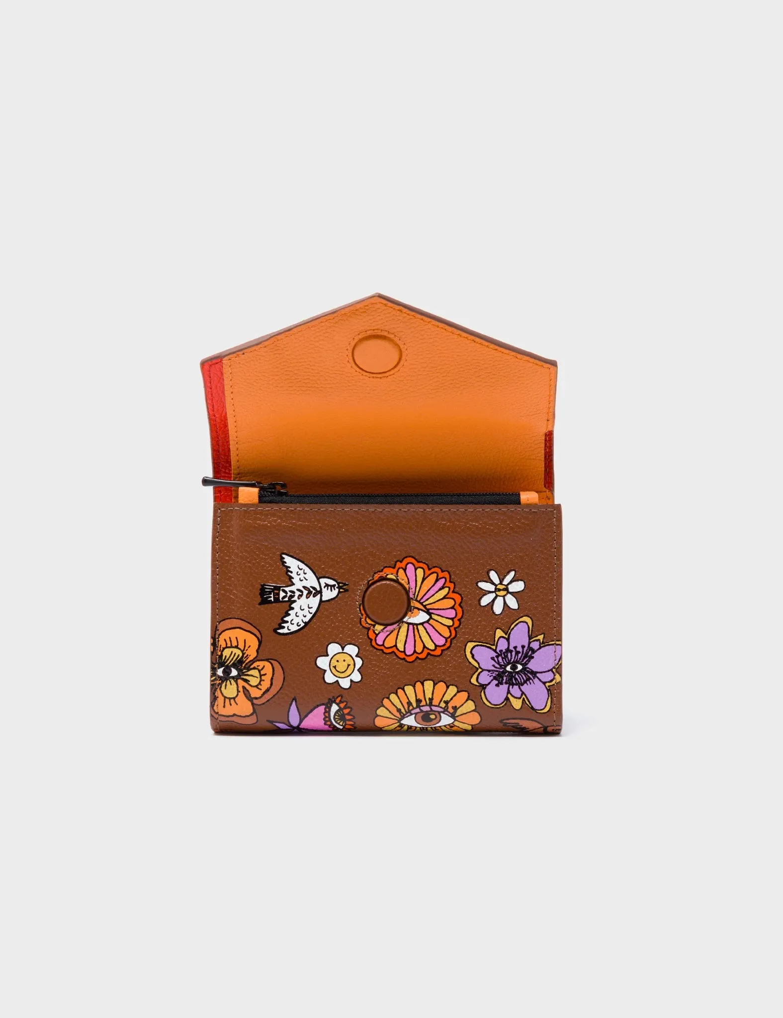 Fiona Moca Brown Leather Wallet - Vintage Bloom Design
