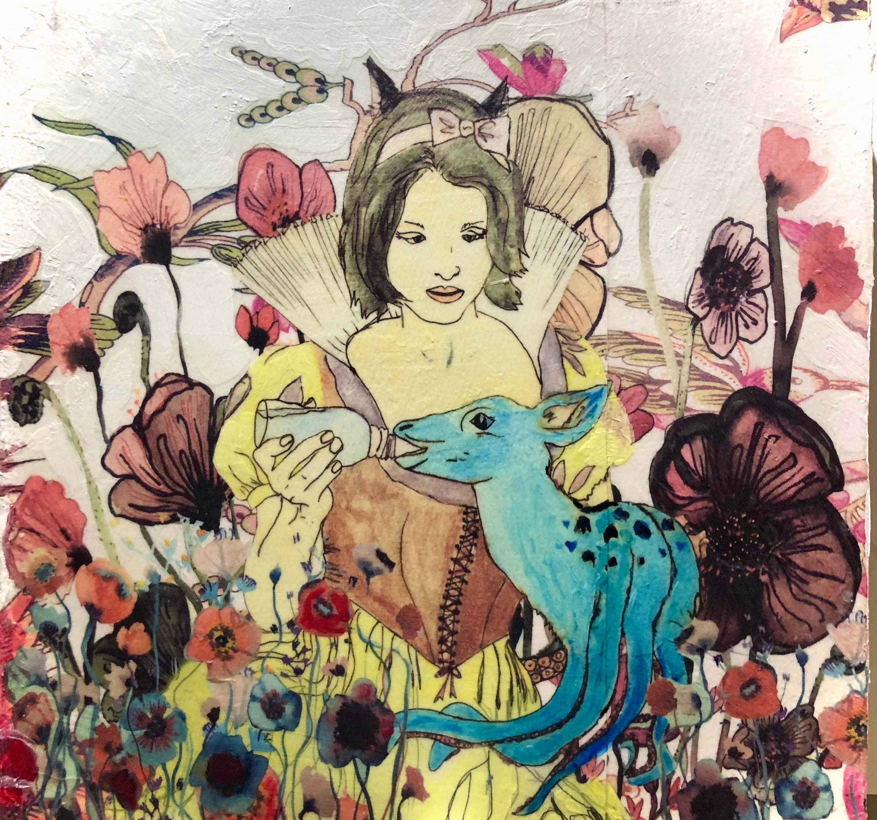 Watercolour and digital college on wood panel