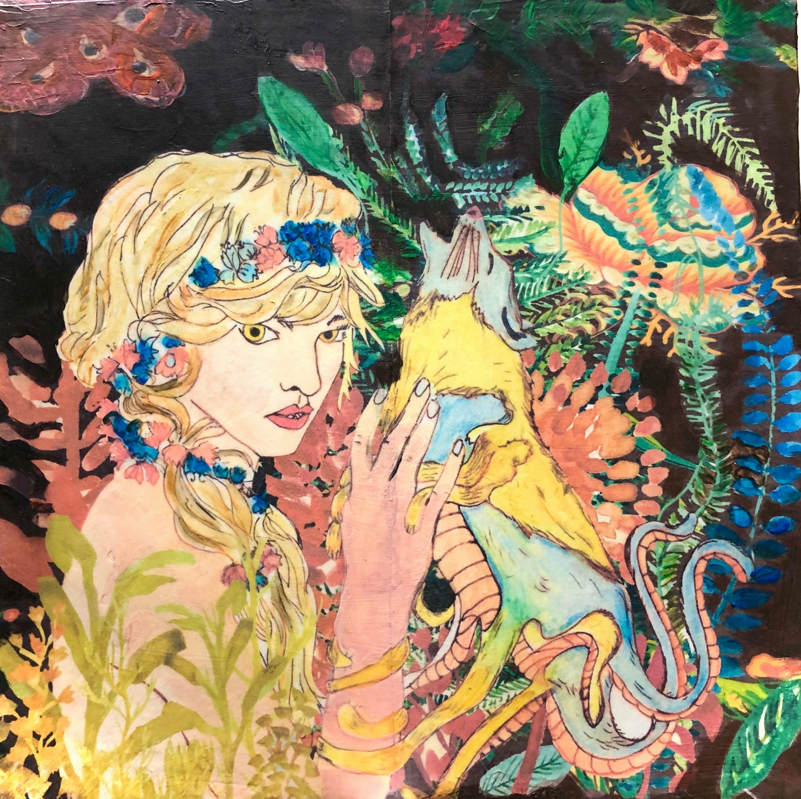 Watercolour and digital college on wood panel