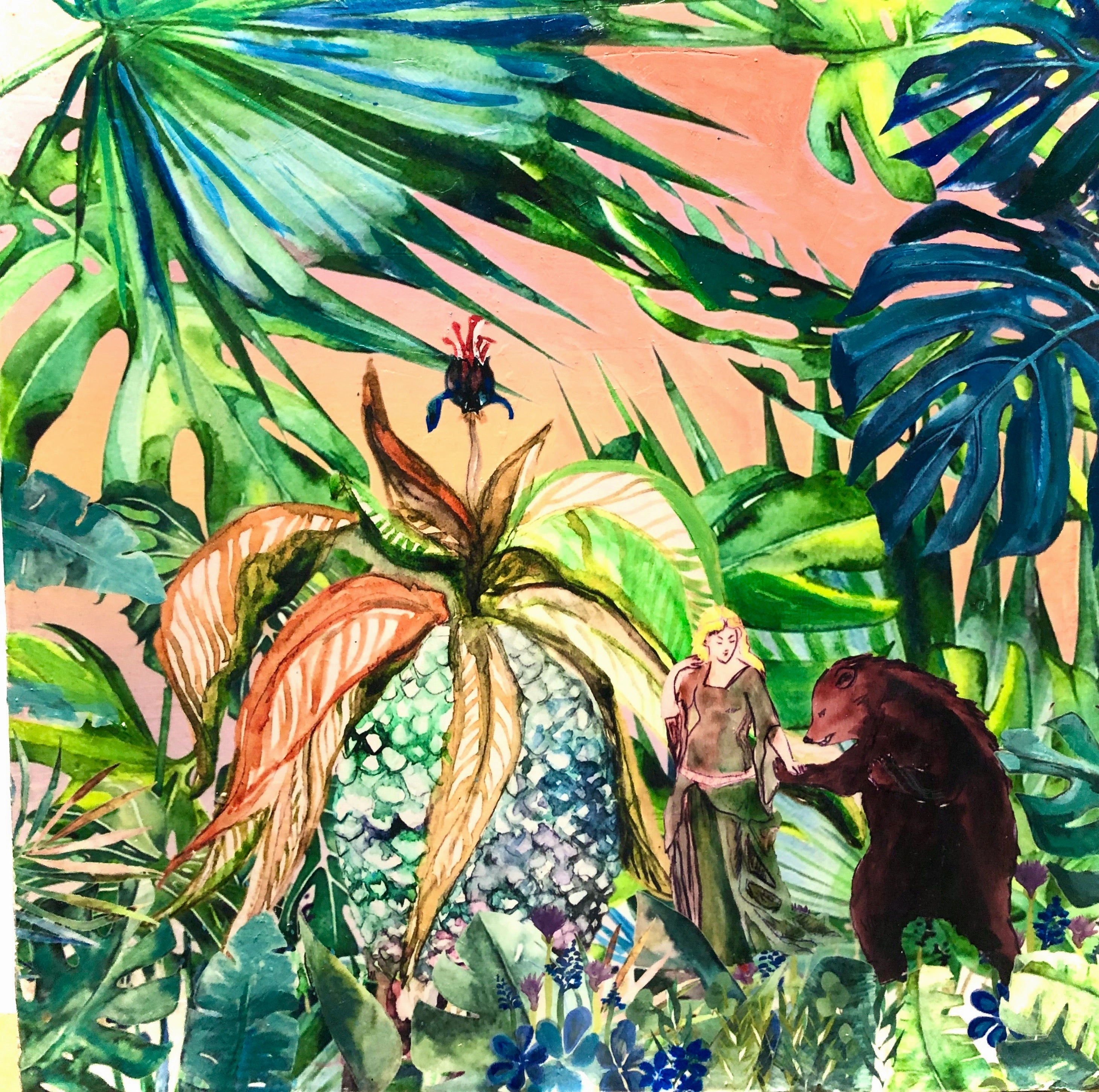 Watercolour and digital college on wood panel